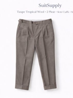 Suitsupply Taupe Pleated Tropical Wool Trousers - Adjustable 28 to 32